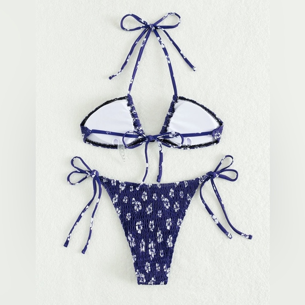 Navy Blue Floral Smocked Tie Side Bikini Swimsuit Set - Picture 2 of 5